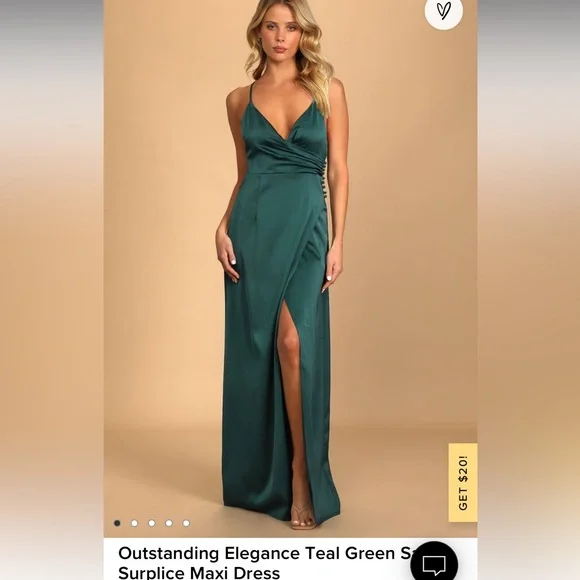Lulus green floor length satin dress in dark teal green, size XS